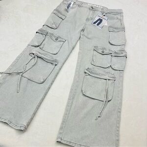 NWT VIP JEANS Light Gray Wide Leg Sculpting Stretch Cargo Denim Pant Junior13/14